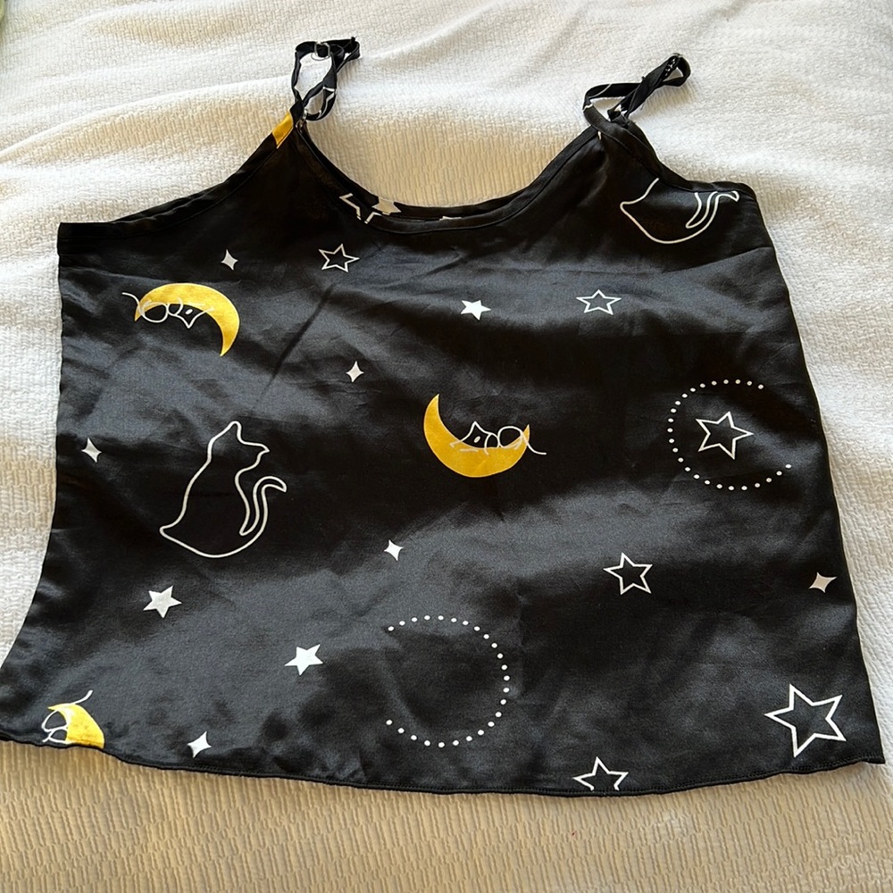 Satin Black Pajama Top Spaghetti Adjustable Straps